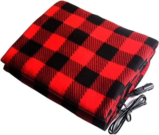 Red and black checkered heated car blanket with power cord.