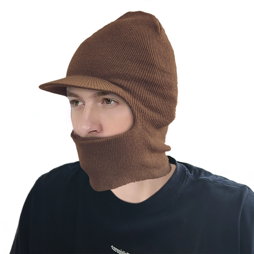 Man wearing a brown knit balaclava hat with face coverage.