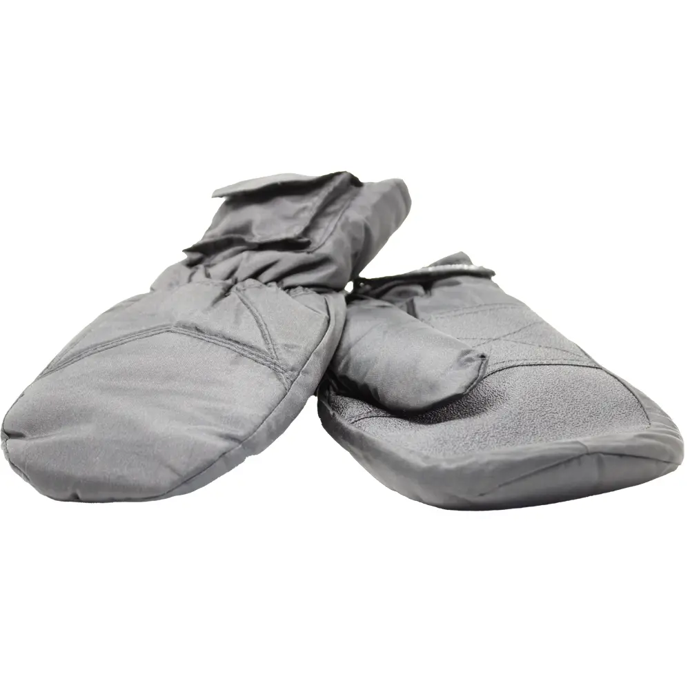 Pair of insulated grey winter gloves lying flat.