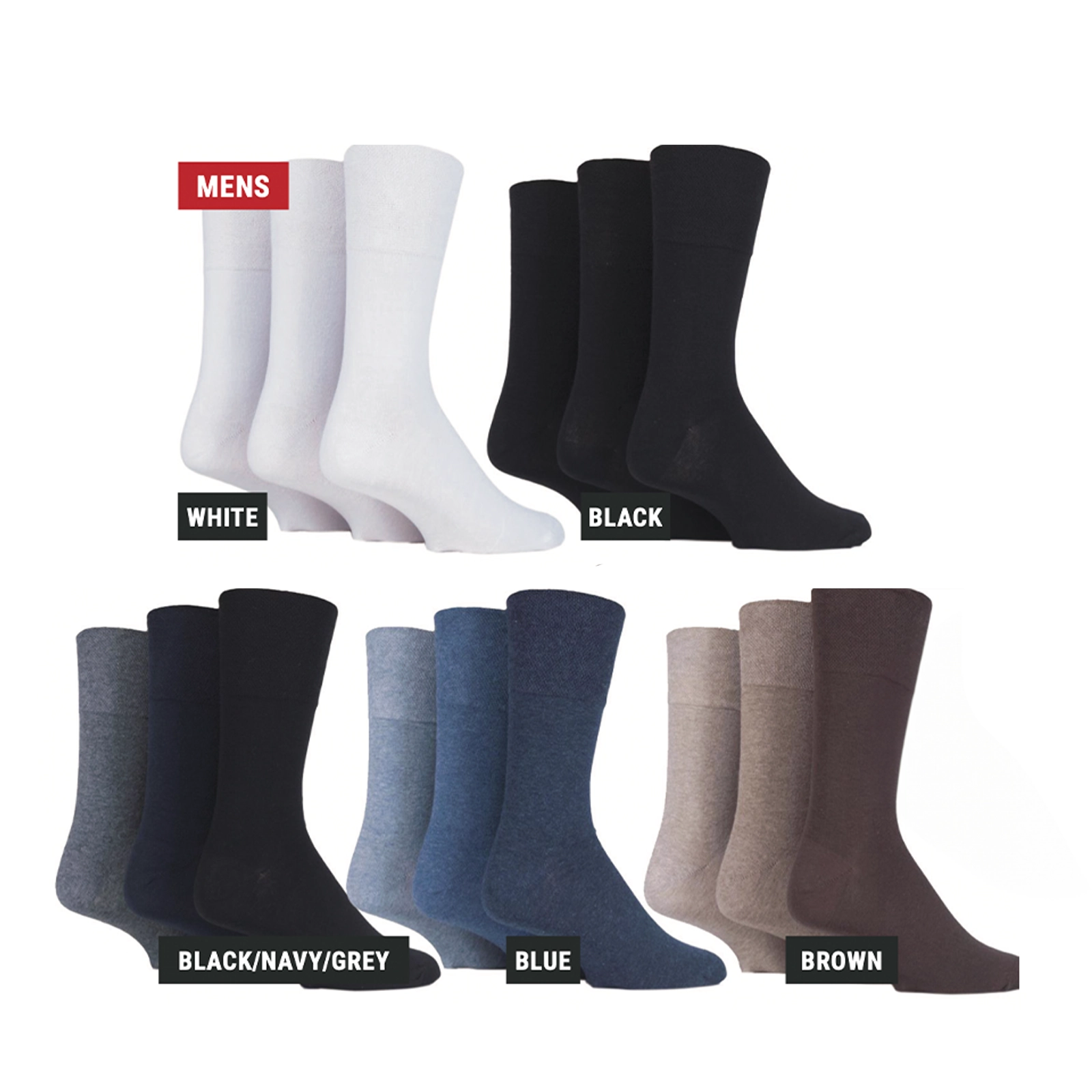 Variety of men's Gentle Grip Diabetic Socks in different colours.