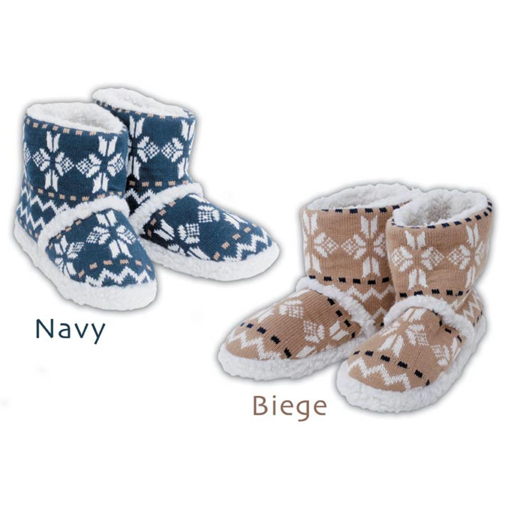 Cozy knitted navy and beige bootie slippers with plush lining.
